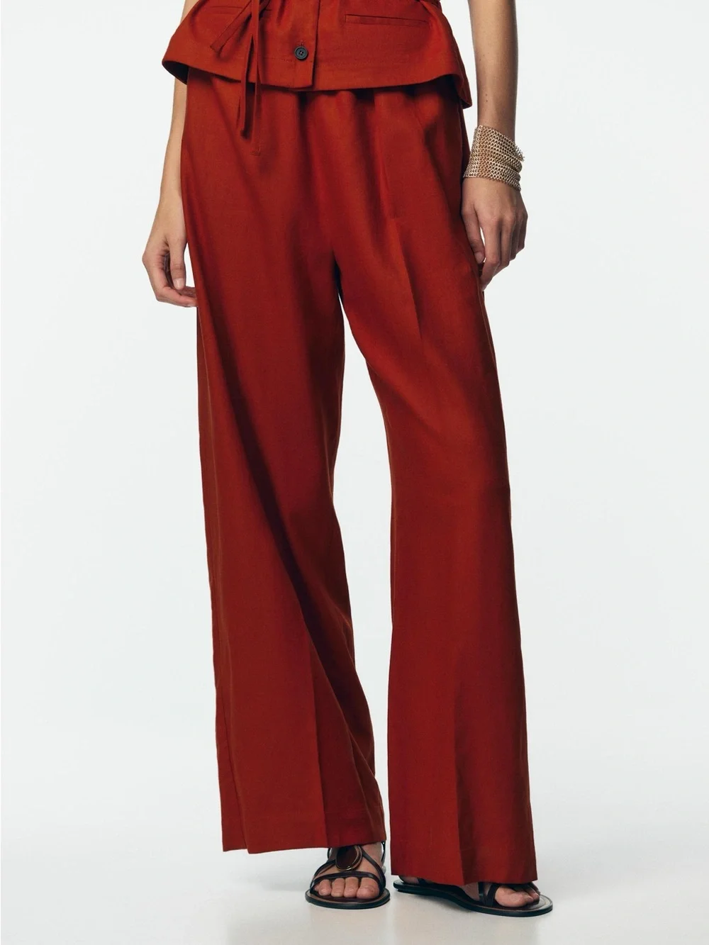 Zara Rust Red linen Sleeveless Wide-Leg Jumpsuit playsuit with Tie Waist